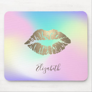 Trendy Gold Glitter Lips Iridescent Holographic Mouse Mat