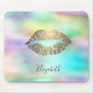 Trendy Gold Glitter Lips Rainbow Holographic Mouse Mat