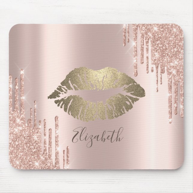 Trendy Gold Glitter Lips Rose Gold Glitter Drips Mouse Mat (Front)