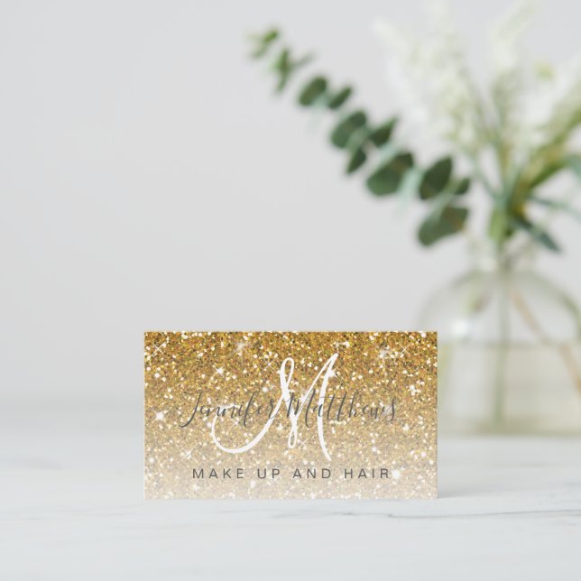 Trendy Gold Glitter Makeup Artist Hair Salon  Business Card (Standing Front)