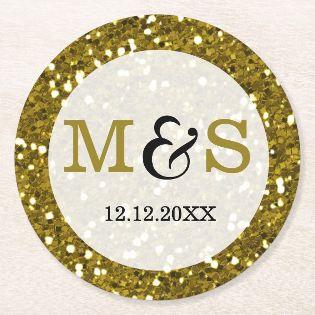 Trendy Gold Glitter Monogrammed Wedding Round Paper Coaster (Front)
