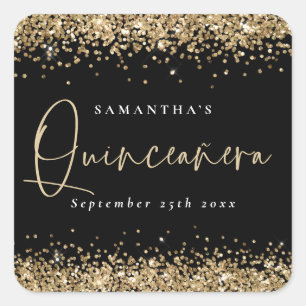 Trendy Gold Glitter Name Date Quinceañera black Square Sticker