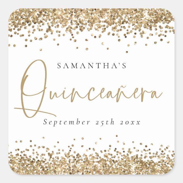 Trendy Gold Glitter Name Date Quinceañera Party Square Sticker (Front)