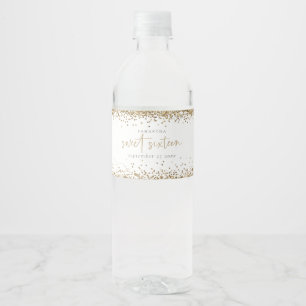 Trendy Gold Glitter Name Date Sweet Sixteen Party Water Bottle Label