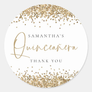 Trendy Gold Glitter Name Quinceañera Thank You  Classic Round Sticker