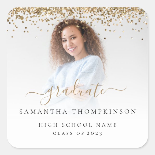 Trendy Gold Glitter Photo 2024 Graduation Square S Square Sticker (Front)