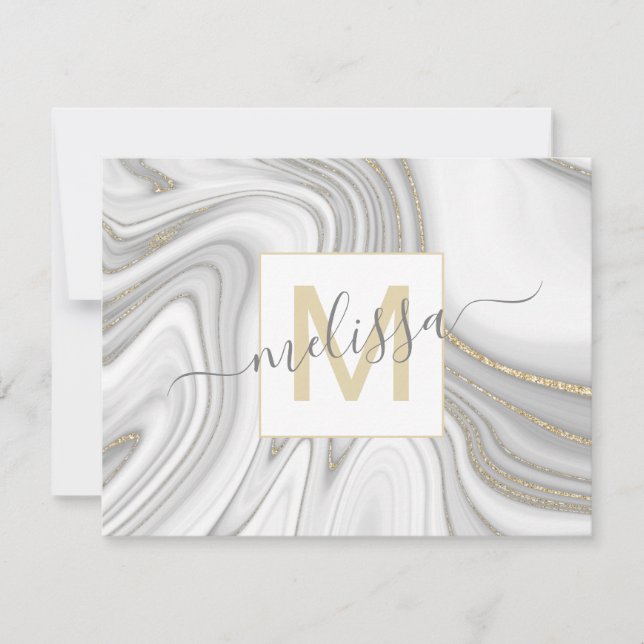 Trendy gold glitter sparkle marble name monogram card (Front)