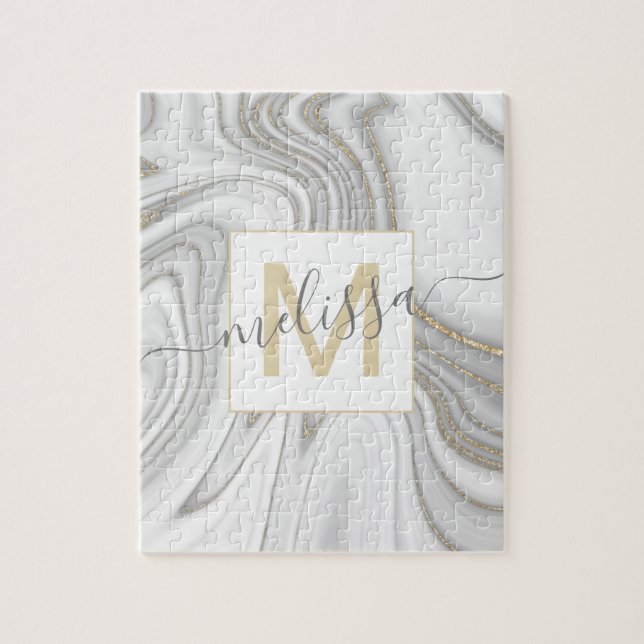 Trendy gold glitter sparkle marble name monogram jigsaw puzzle (Vertical)