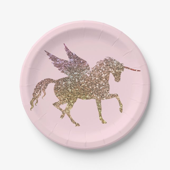 Trendy Gold Glitter Sparkle Unicorn Birthday Party Paper Plate (Front)