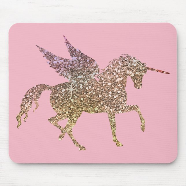 Trendy Gold Glitter Sparkle Unicorn Pegasus Horse Mouse Mat (Front)