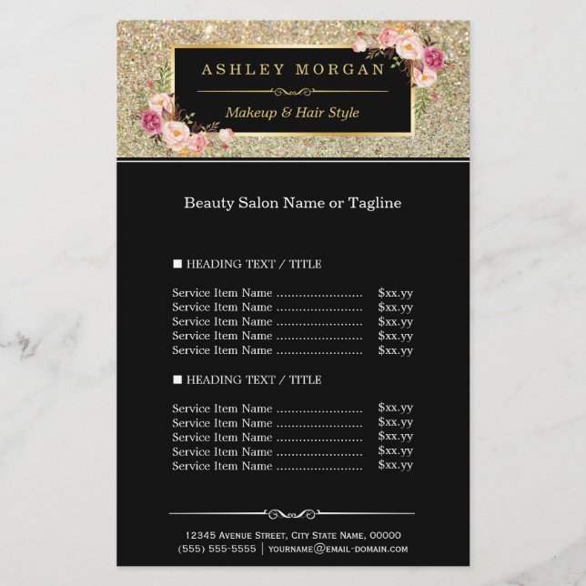 Trendy Gold Glitter Sparkling Girly Floral Flyer (Front)