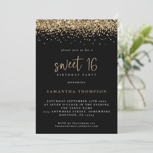 Trendy Gold Glitter Sweet 16 Birthday Party Black Invitation (Standing Front)