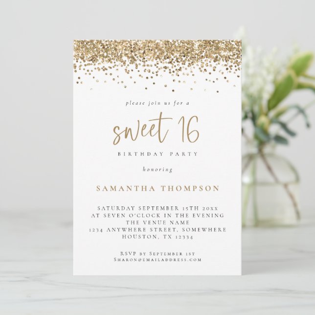 Trendy Gold Glitter Sweet 16 Birthday Party Invitation (Standing Front)