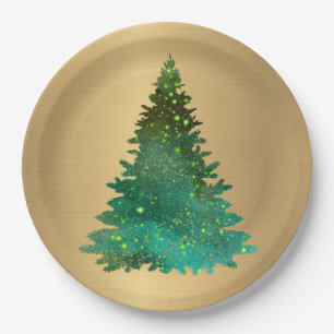 Trendy Gold Green Glitter Tree Christmas Paper Plate