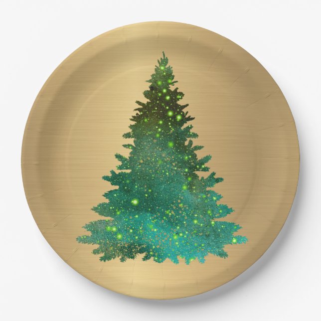Trendy Gold Green Glitter Tree Christmas Paper Plate (Front)