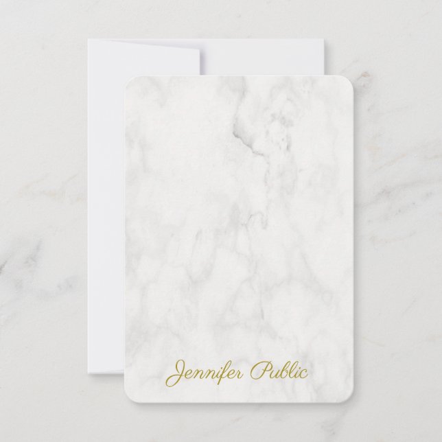 Trendy Gold Handwritten Name Elegant Marble Card (Front)