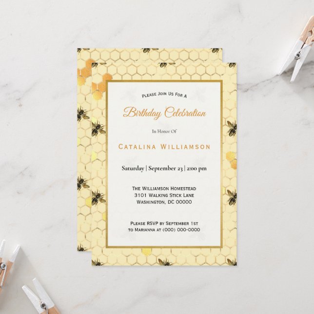 Trendy Gold Honeycomb Bee Birthday  Invitation (Front/Back In Situ)