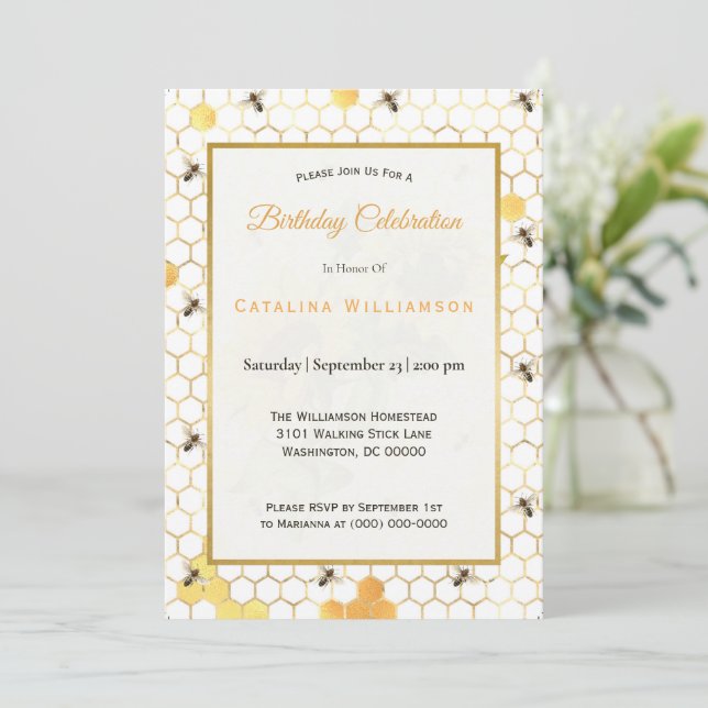 Trendy Gold Honeycomb Bees Sunflowers Birthday  Invitation (Standing Front)