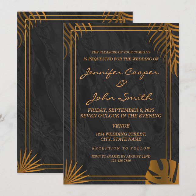 Trendy Gold Leaves and Geometric Frame Wedding Invitation (Front/Back)