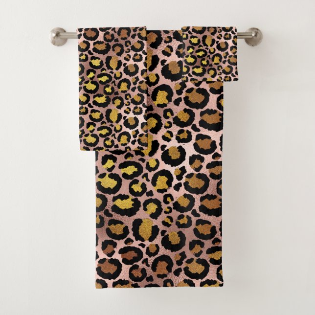 Trendy Gold Leopard Jaguar Rose Gold Spots Bath Towel Set (Insitu)