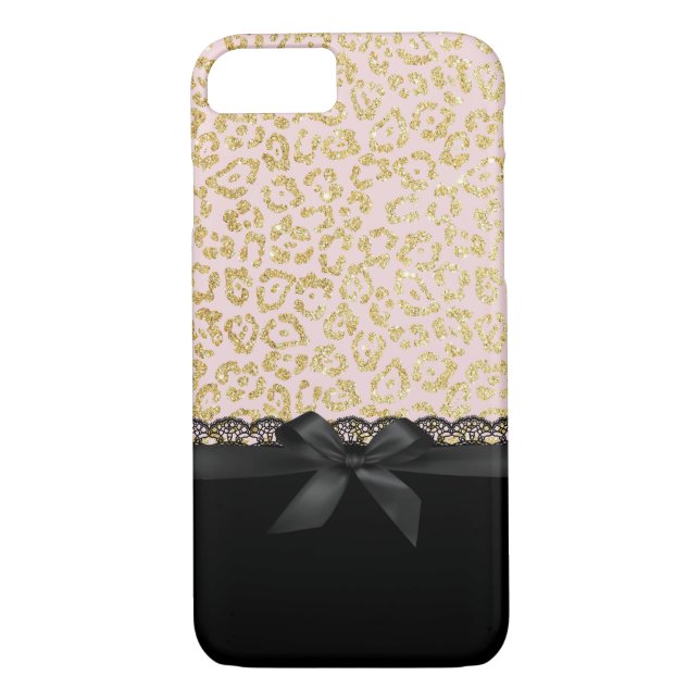 Trendy Gold Leopard Print Chic Black Lace & Ribbon Case-Mate iPhone Case (Back)