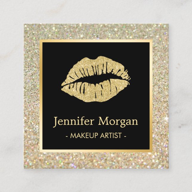 Trendy Gold Lips Glitter Sparkles Makeup Artist Square Business Card (Front)