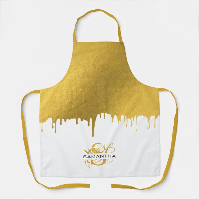 Trendy Gold Metallic Drips Monogram Apron (Front)