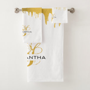 Trendy Gold Metallic Drips Monogram  Bath Towel Set