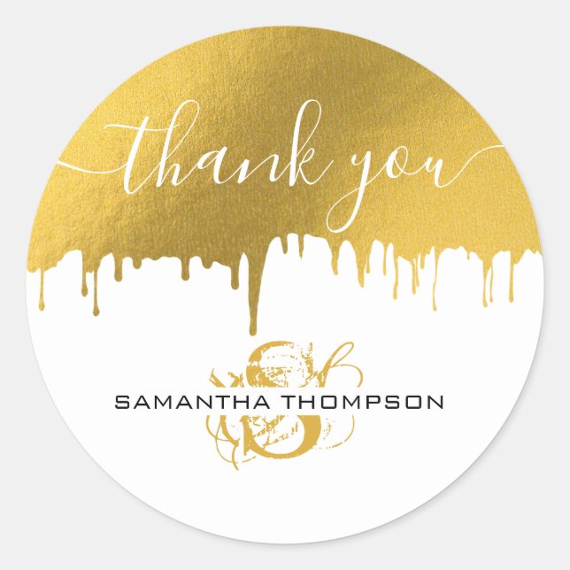 Trendy Gold Metallic Drips Monogram Classic Round Sticker (Front)