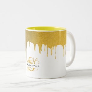 Trendy Gold Metallic Drips Monogram Two-Tone Coffee Mug