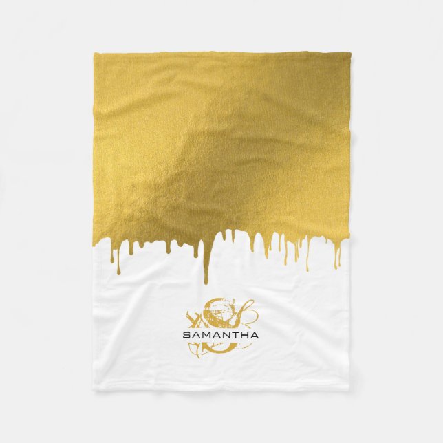Trendy Gold Metallic Drips Script Monogram Fleece Blanket (Front)