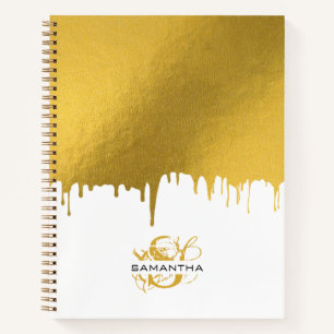Trendy Gold Metallic Drips Script Monogram Notebook