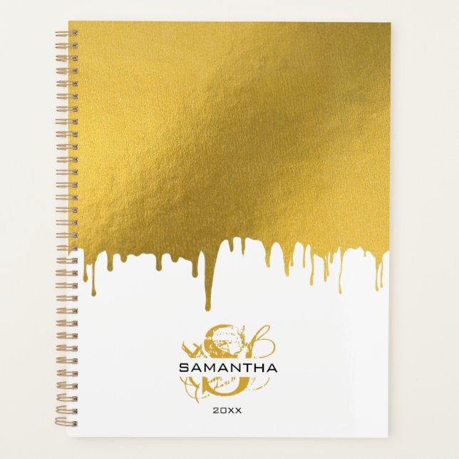 Trendy Gold Metallic Drips Script Monogram Planner (Front)