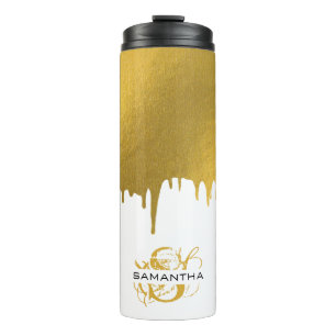 Trendy Gold Metallic Drips Script Monogram Thermal Tumbler