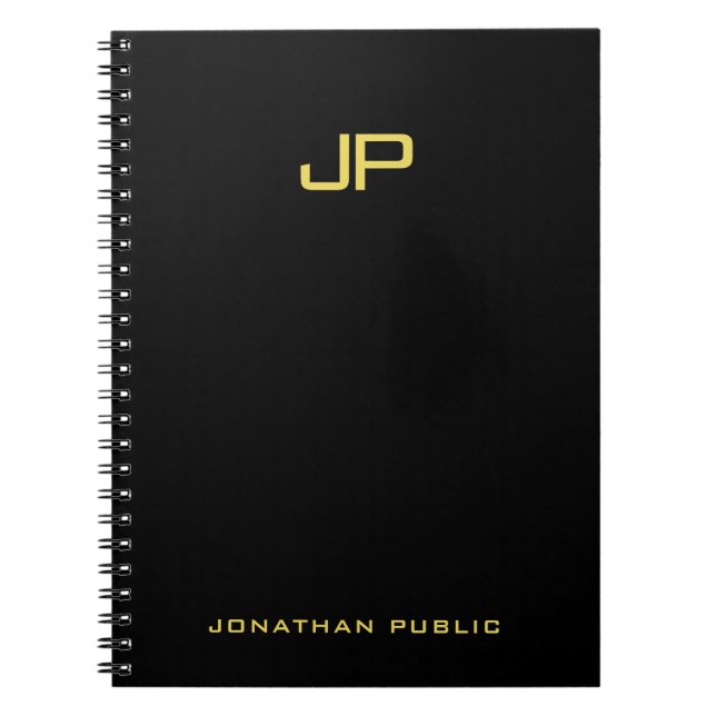 Trendy Gold Monogram Black Template Professional Notebook (Front)