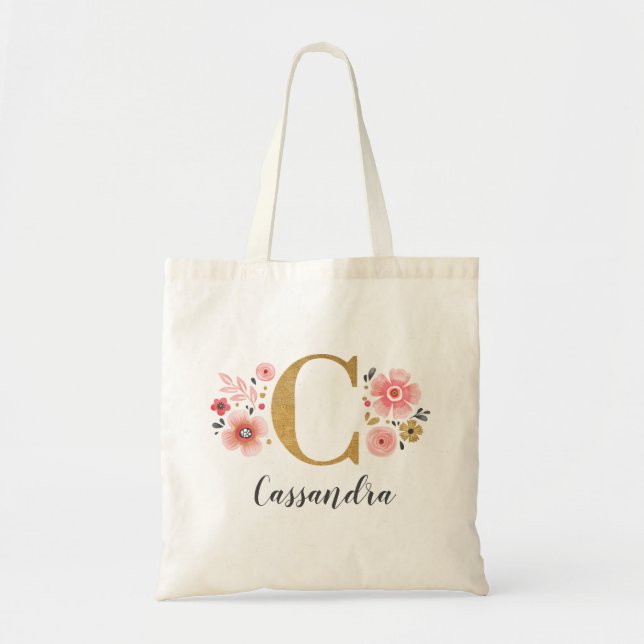 Trendy Gold Monogram Initial Letter "C" Floral Tote Bag (Front)