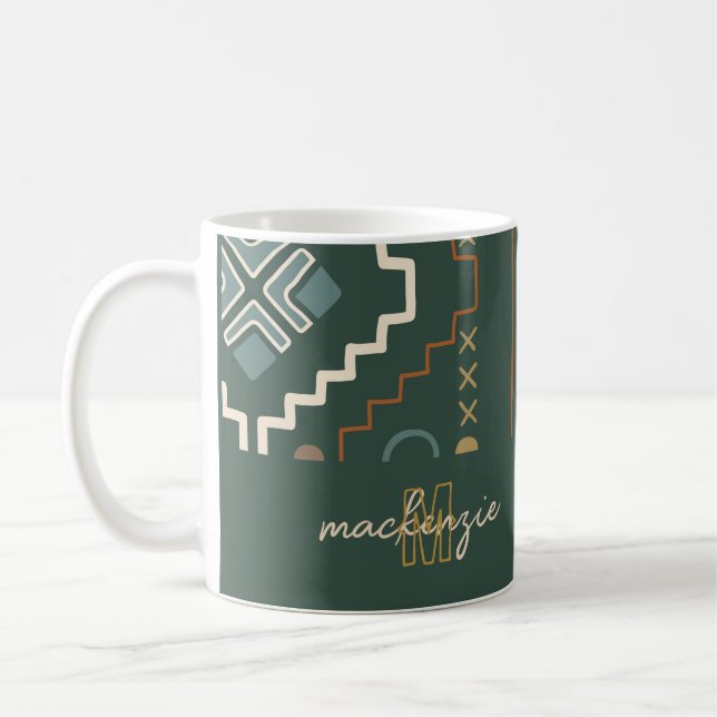 Trendy Gold Monogram on Dark Green Boho Tribal  Coffee Mug (Left)