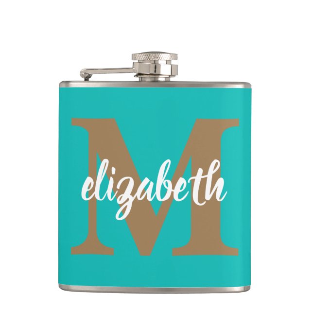 Trendy Gold Monogram Script Name on Turquoise  Hip Flask (Front)