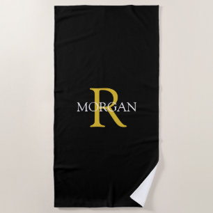 Trendy Gold Monogram & White Name, Black Beach Towel