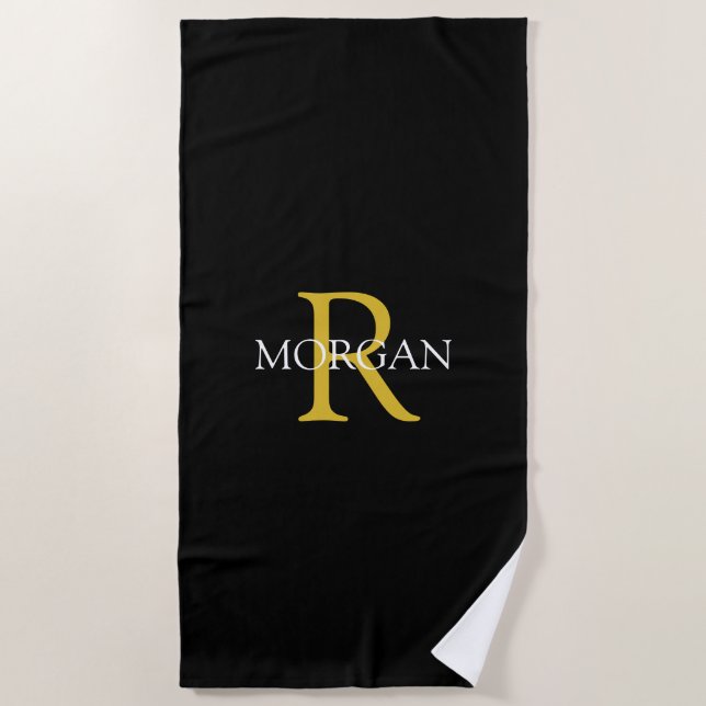 Trendy Gold Monogram & White Name, Black Beach Towel (Front)