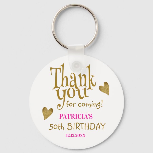 Trendy Gold Pink 50th Birthday Thank You Favour   Key Ring (Front)