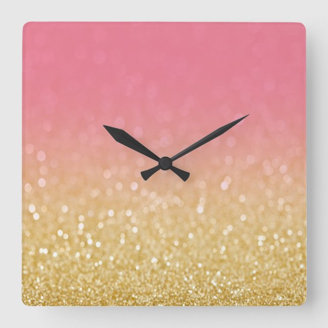 Trendy Gold Pink Ombre Glitter Wall Clock (Front)