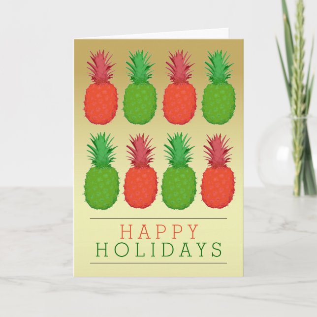 Trendy Gold Red and Green Christmas Pineapples Holiday Card (Front)