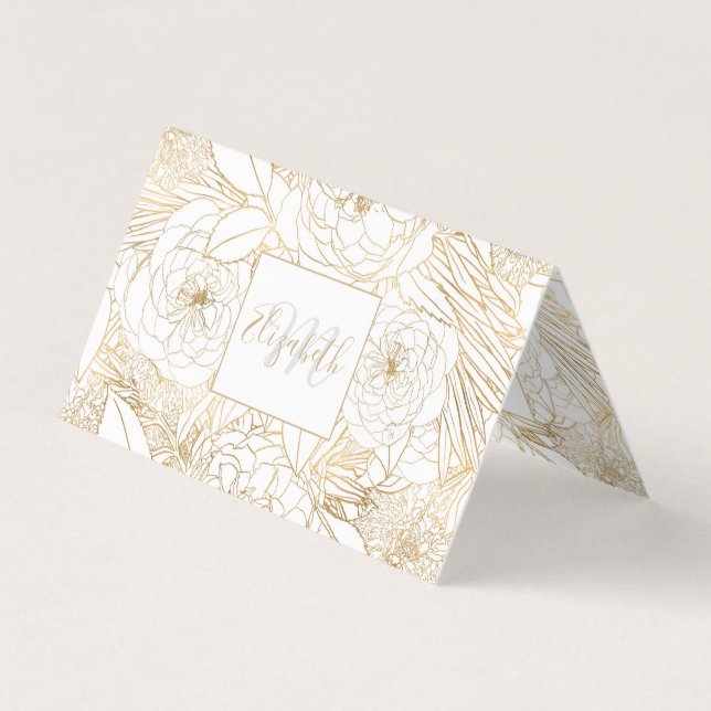 Trendy Gold Roses & Marigold Flowers White Design Business Card (Front)
