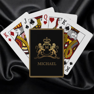Trendy Gold Royal Crown Emblem Lions Monogram Playing Cards