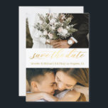 trendy gold script 2photos save the date card<br><div class="desc">save the date , gold chic calligraphy wedding 2 photos collage, custom.
2 sided card, on the other side  invitation, cutom.</div>