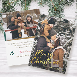 Trendy Gold Script Christmas Greeting 2 Photo Holiday Card