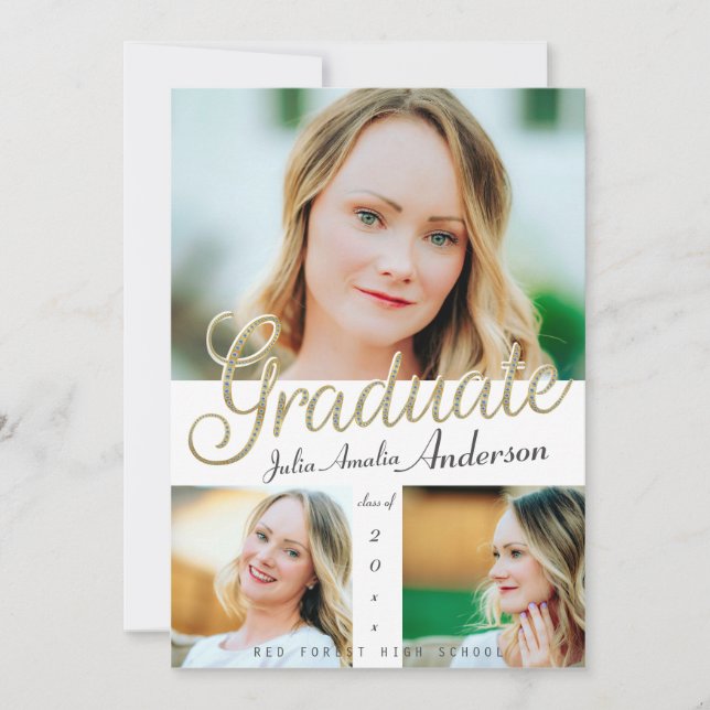Trendy Gold Script Overlay Three Photo Graduation Announcement (Front)