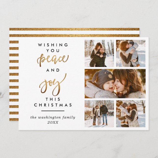 Trendy Gold Script Peace & Joy Christmas 5 Photo Invitation (Front/Back)