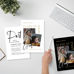 Trendy Gold Script Photo White Graduation Party Invitation